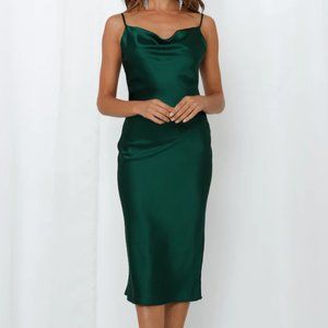 Cowl Neck Satin Slip Cami Midi Dress in Emerald Green